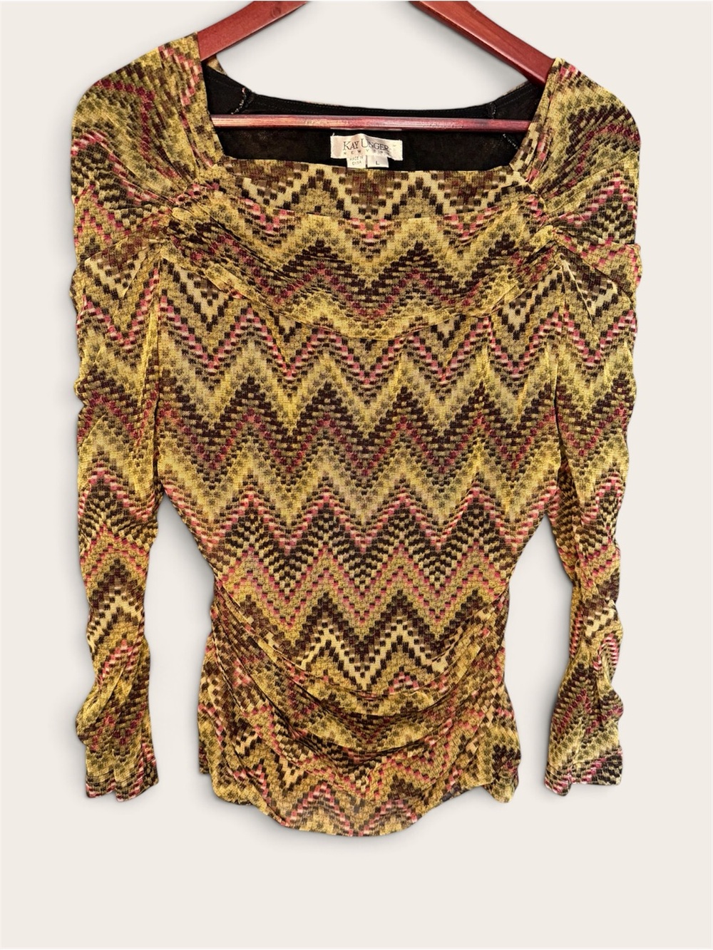 Kay Unger 90s Y2K Olive Chevron Lined Mesh Top Boho | Size Large